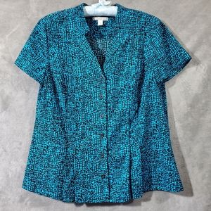 Dana Buchman Short Sleeve Button Down Fitted Blouse Turquoise & Black M